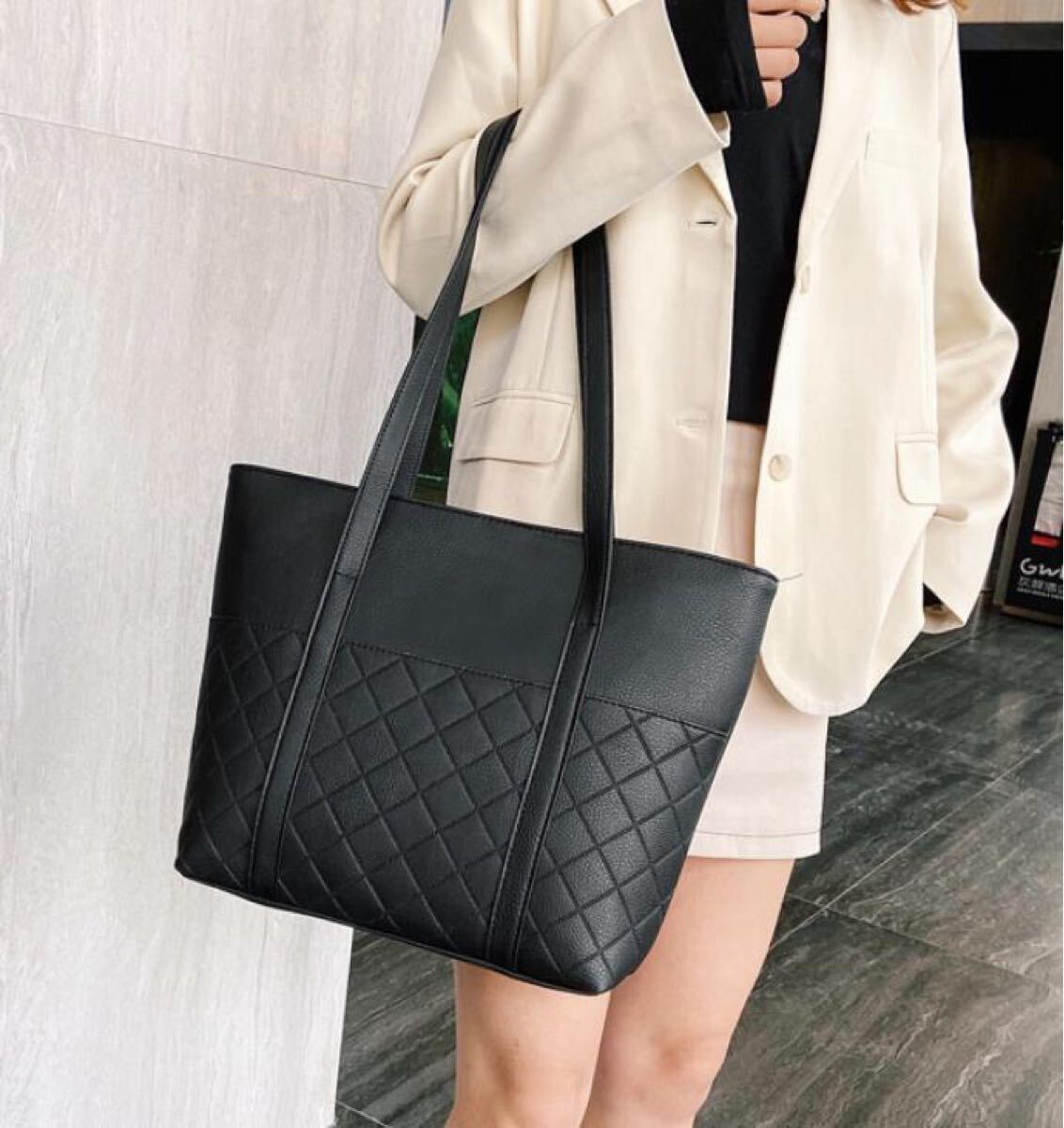 トートバッグ ショルダーバッグ レディース レザー A4サイズ 格子柄 ブラック_画像4