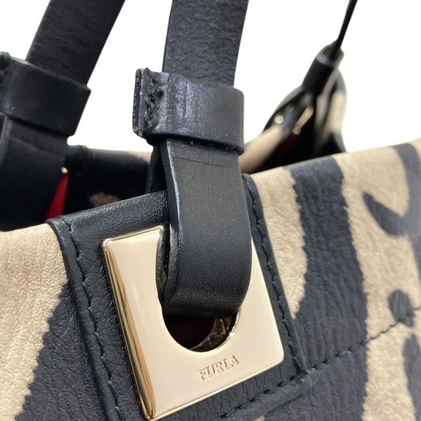  Furla бежевый × чёрная кожа Zebra рисунок сумка ручная сумочка большая сумка женский *0310