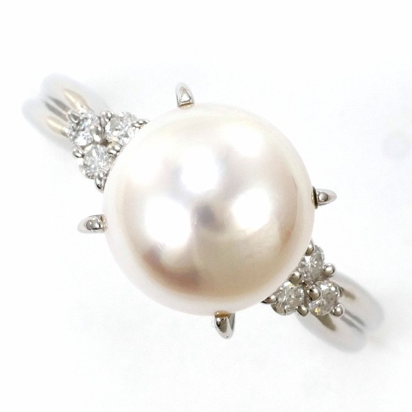 PT900 リング 指輪 11.5号 パール（真珠） 約9mm ダイヤ 0.12 総重量約4.6g 中古 美品 送料無料☆0315_画像1