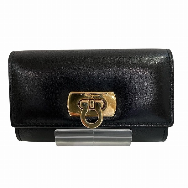  Ferragamo gun chi-ni чёрная кожа 6 полосный бренд мелкие вещи чехол для ключей женский *0341