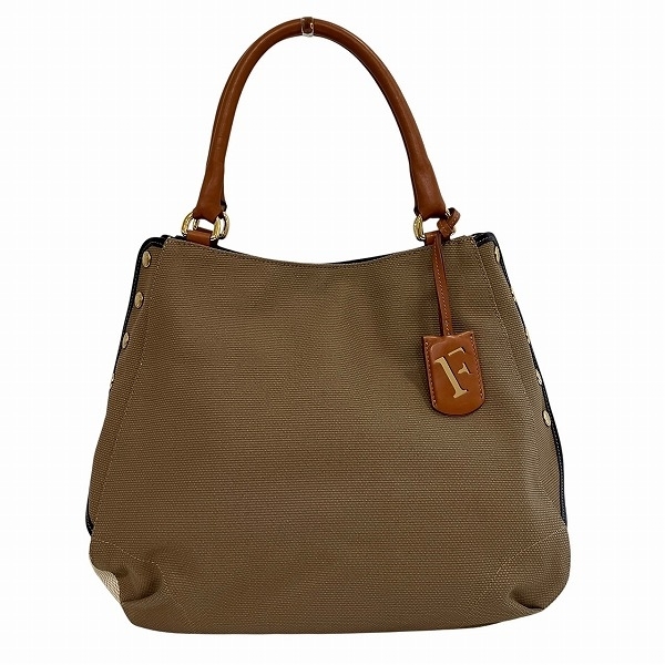  Furla бежевый парусина × кожаная сумка большая сумка женский прекрасный товар *0341