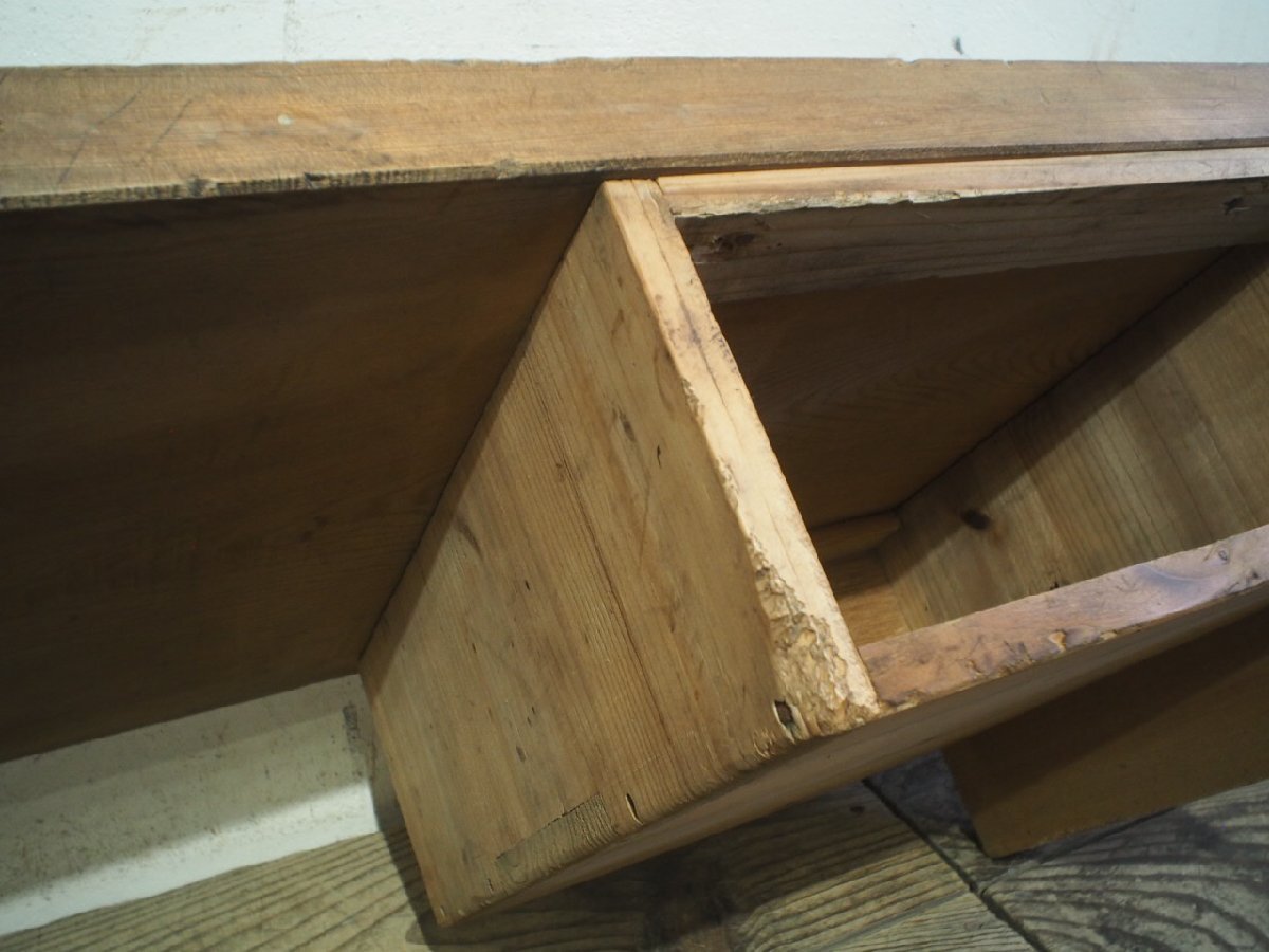 タE0693◆天板W175,5cm×D39cm◆アンティーク◆収納付き◆大きい一枚板の木製長テーブル◆作業机 展示台 裁ち板 ローテーブル レトロL笹4_画像5