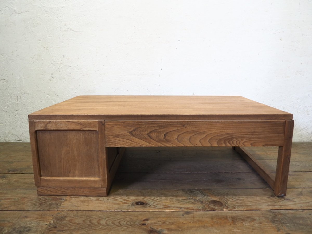 タ荷S0333◆天板W100cm×66cm◆可愛いモールガラスいり◆ロータイプの古い木製片袖机◆ローテーブル 座卓 レトロ ヴィンテージM(ヤC)庭_画像9