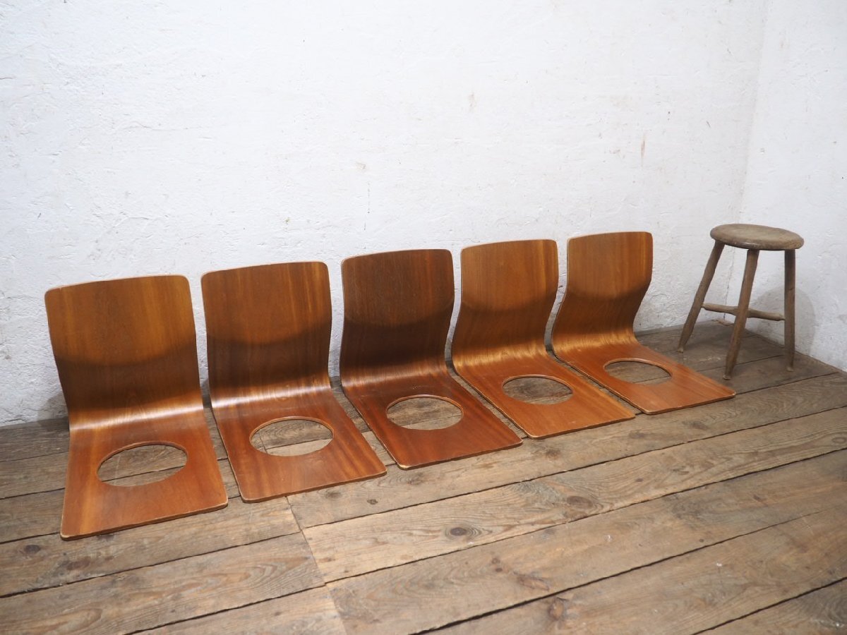 taW1936*①5 ножек комплект * Tendo Mokko * ретро старый искривление . дерево. сиденье "zaisu" *i slow che apply дерево мир современный . сиденье .. павильон мир . Vintage J.4