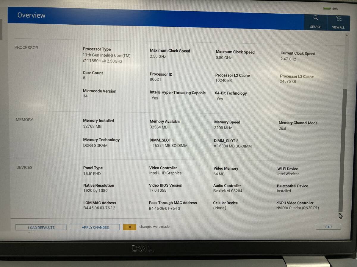 【i7第11世代】DELL Precision 3561/Core i7-11850H/32GB/HDDなし/15.6型/カメラ/Wifi/BLUETOOTH/BIOS確認(rèn)済み/ジャンク品(NJ191)