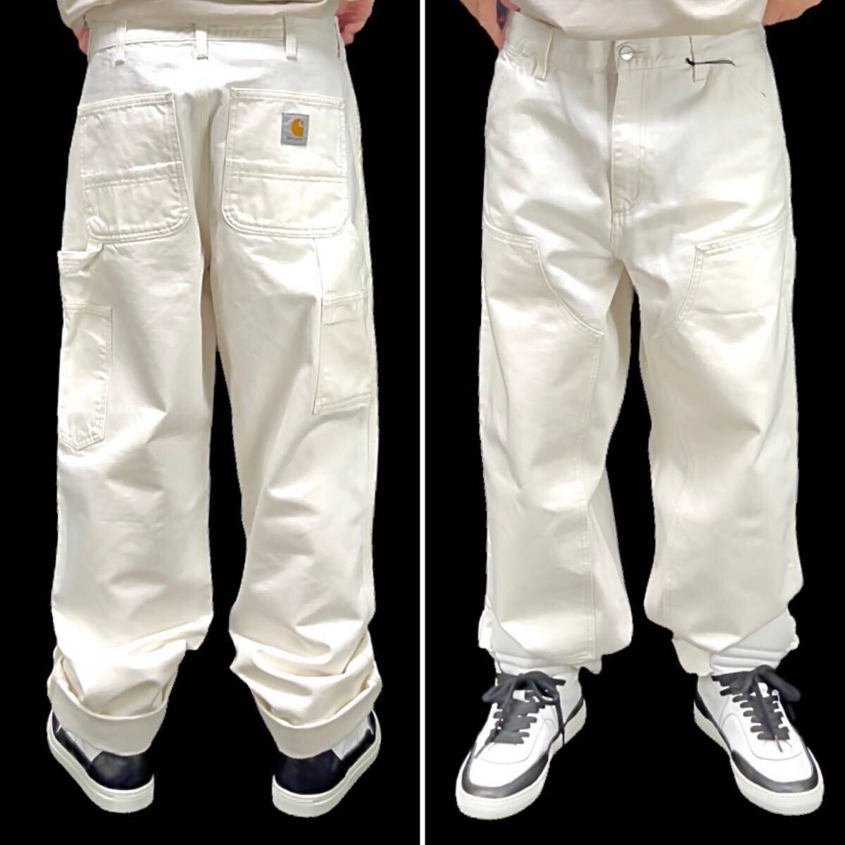 新品 carhartt wip カーハート DOUBLE KNEE PANT ワンポイント タグ ホワイトデニム ワイド ストレート ダブルニー ペインター パンツ W33_画像1