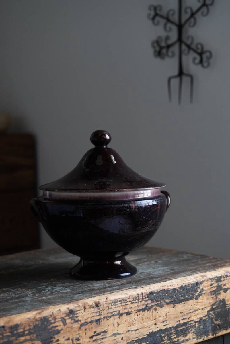 19世紀(jì) 古い Cul Noir キュノワール 蓋付スーピエール / 1800年代?フランス / アンティーク 古道具 民藝 民陶 スープ 鉢 