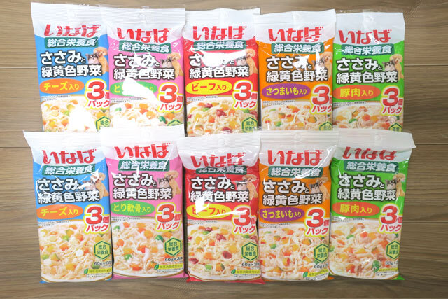 いなば　ささみと緑黄色野菜　5種のバラエティ　60g×3個入他合計10袋　総合栄養食_画像1