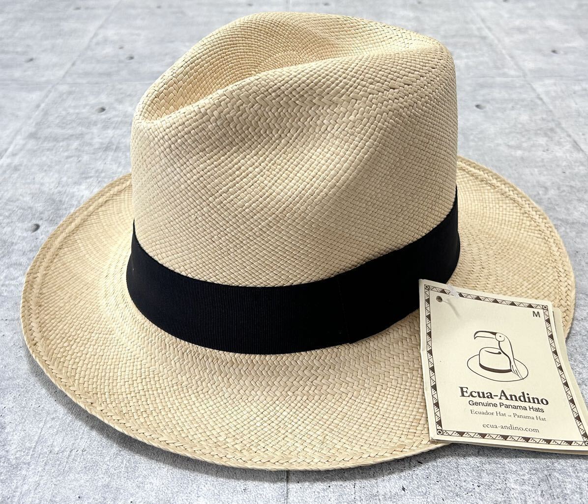 新品 Ecua-Andino 中折れ ハット ハンドメイド エクアアンディーノ　　帽子 パナマハット HAT 天然素材 ブラックリボン 玉9819_画像1