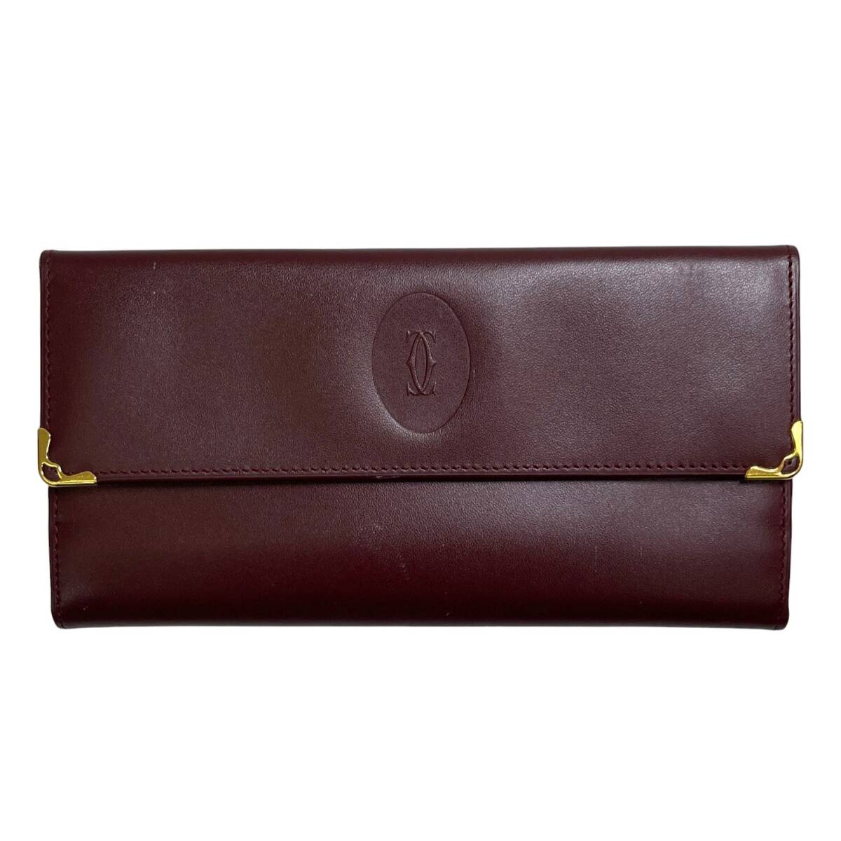 ☆美品☆Cartier カルティエ マストライン レザー ボルドーカラー がま口 三つ折り 長(zhǎng)財(cái)布 ウォレット ほぼ未使用 箱付き（SMR13831）