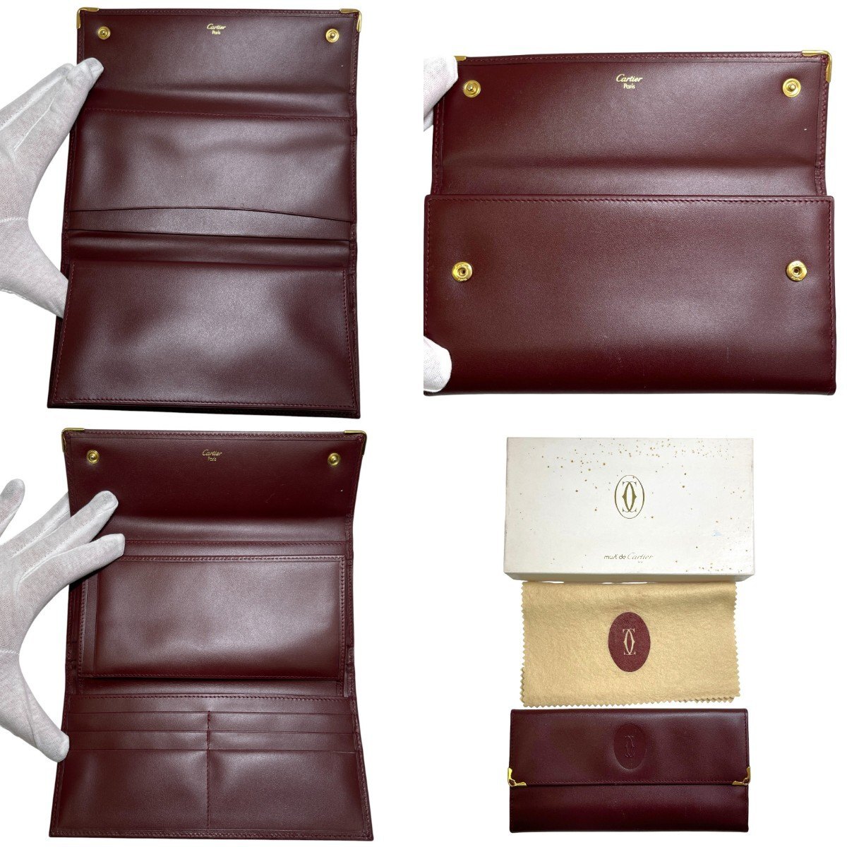 ☆美品☆Cartier カルティエ マストライン レザー ボルドーカラー がま口 三つ折り 長(zhǎng)財(cái)布 ウォレット ほぼ未使用 箱付き（SMR13831）