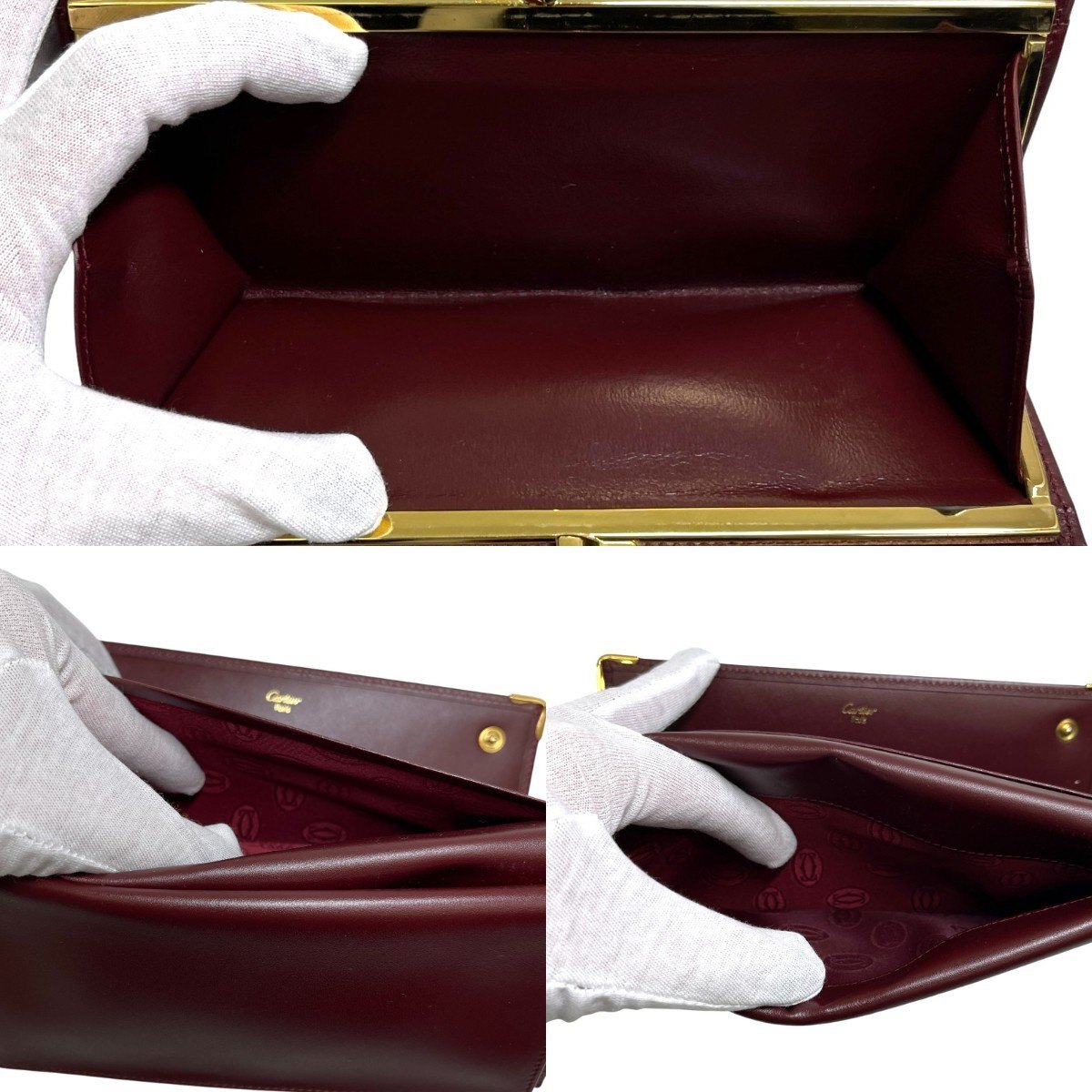 ☆美品☆Cartier カルティエ マストライン レザー ボルドーカラー がま口 三つ折り 長(zhǎng)財(cái)布 ウォレット ほぼ未使用 箱付き（SMR13831）