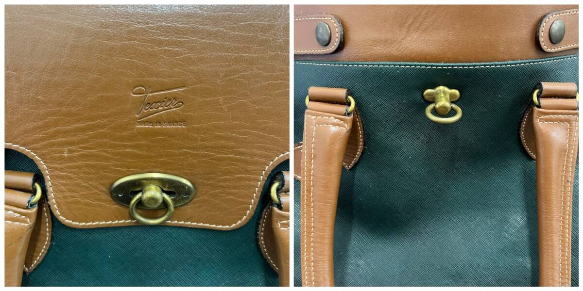 * б/у товар *texiertekisie кожа сумка "Boston bag" dokta- сумка сумка на плечо Франция зеленый × Brown текущее состояние товар coI5239COB