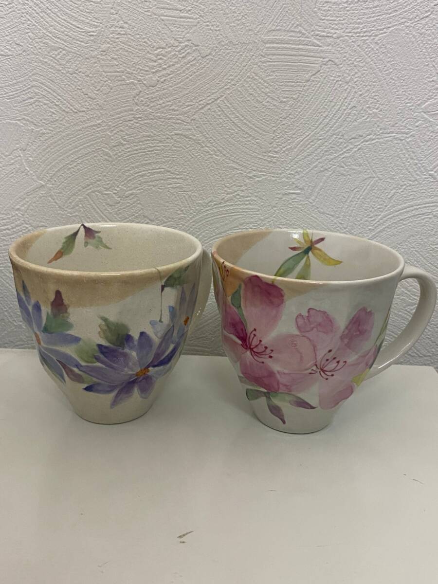 和藍 ペアマグカップ 花ものがたり 花かおりシリーズ ツツジ えぞ菊 陶器 コップ美濃焼 中古 SKD6937_画像1