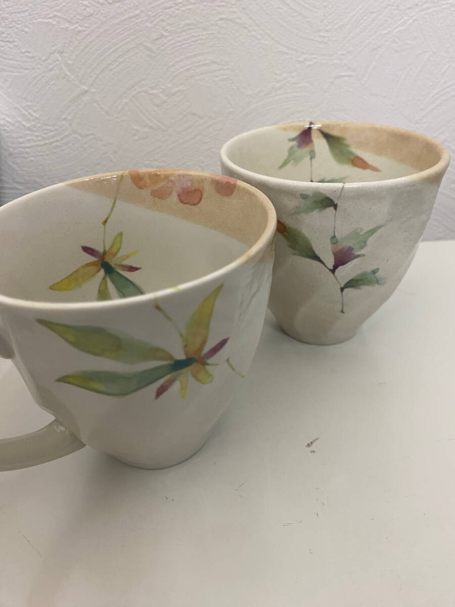 和藍 ペアマグカップ 花ものがたり 花かおりシリーズ ツツジ えぞ菊 陶器 コップ美濃焼 中古 SKD6937_画像5