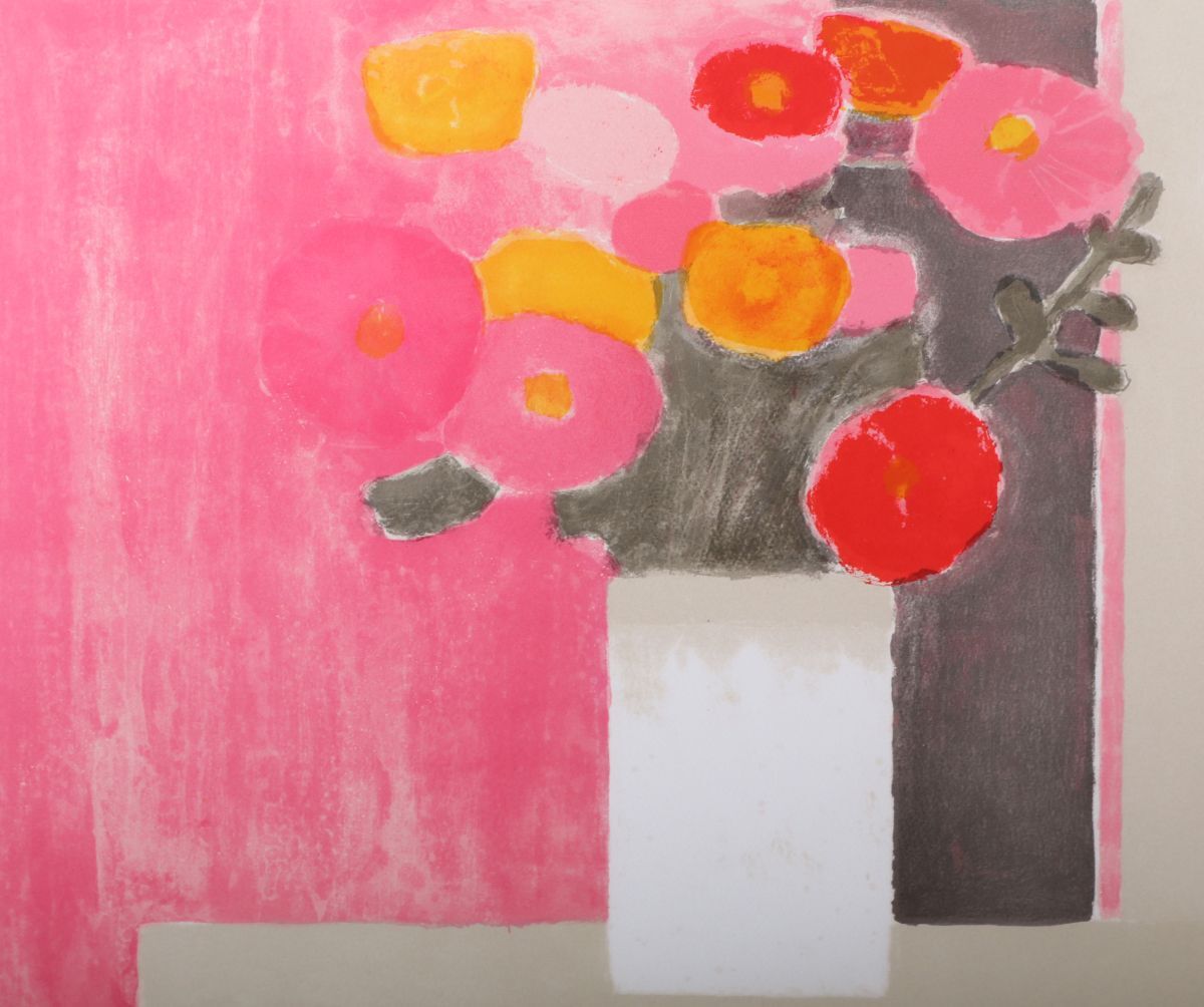 9571 ベルナール・カトラン Bernard Cathelin 「ピンク背景の百日草の花束」 リトグラフ 古径額装 真作 フランス_画像3