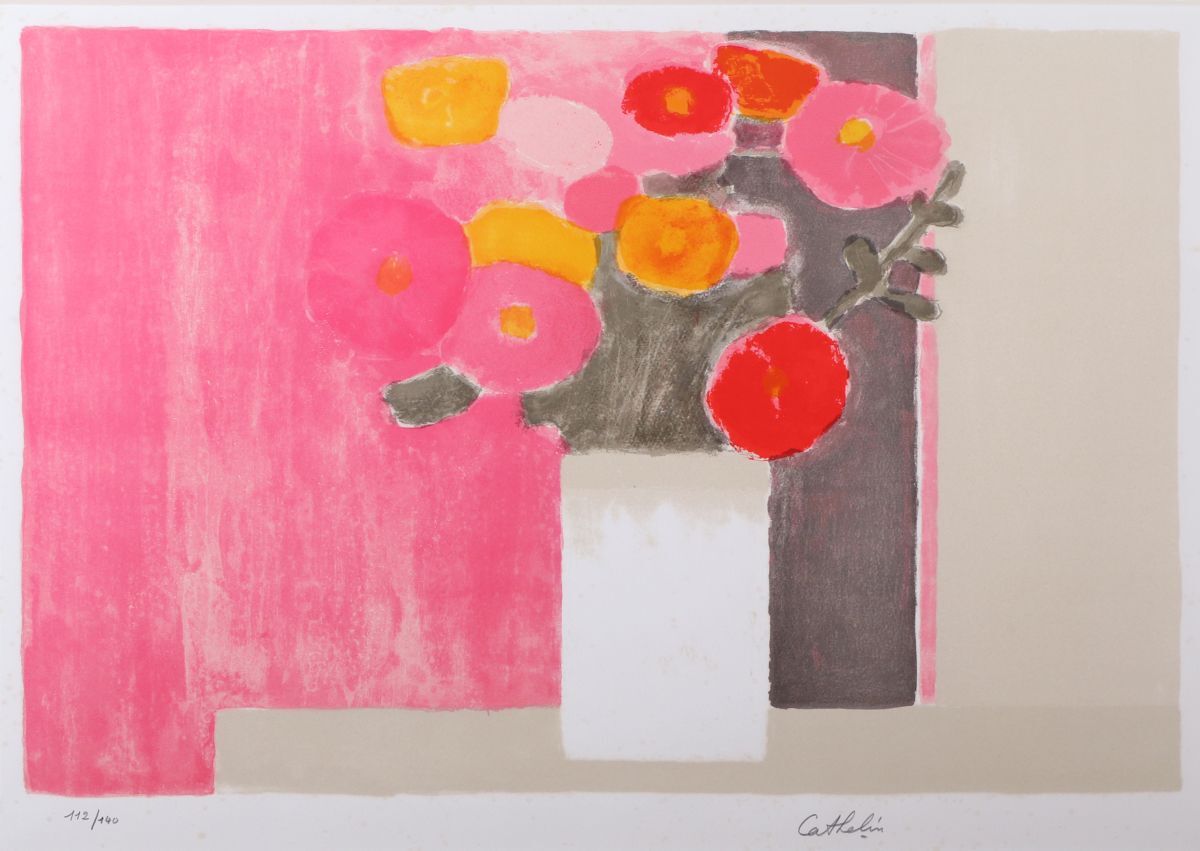 9571 ベルナール・カトラン Bernard Cathelin 「ピンク背景の百日草の花束」 リトグラフ 古径額装 真作 フランス_画像2