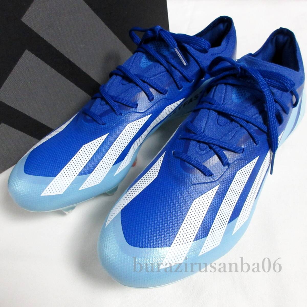 新品正規品アディダス 高級サッカー スパイク エックス クレイジーファースト 取替式 柔らかい土グラウンド用 天然芝用 青系 27㎝_画像1