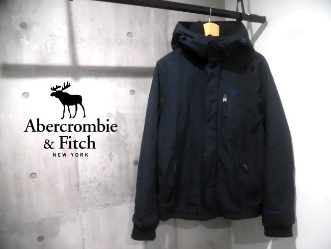ABERCROMBIE アバクロンビー アバクロ A&Fロゴ刺繍 フード付き リブ ナイロン ジャケット L/フーディ ブルゾン/リブジャケット/紺/メンズ_画像1