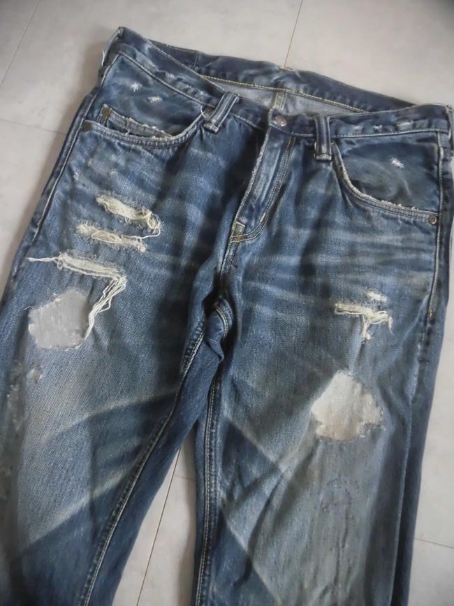 BLUE BLUE ブルーブルー ハードダメージリペア加工 ブーツカット デニムパンツ W29 ジーンズ メンズ 日本製 シューカット フレアパンツ_画像4