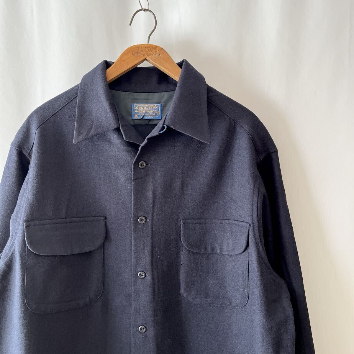 美品! 70s PENDLETON 無地 ウール ループカラー ボードシャツ XL ネイビー USA製 ビンテージ 70年代 ペンドルトン 開襟 ボックスシャツ_画像1