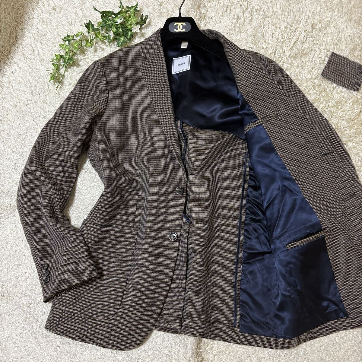 未使用級 大きいサイズ SHIPS (シップス)シェットランドウール ツイード 2ボタン テーラードジャケット アンコン ブラウン メンズ_画像1