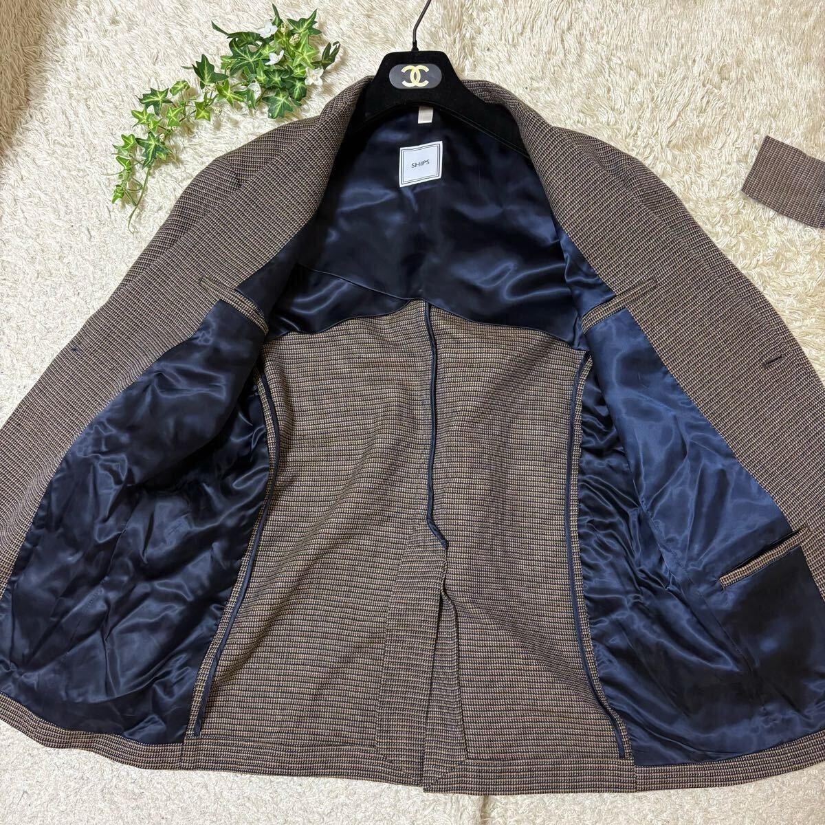 未使用級 大きいサイズ SHIPS (シップス)シェットランドウール ツイード 2ボタン テーラードジャケット アンコン ブラウン メンズ_画像2