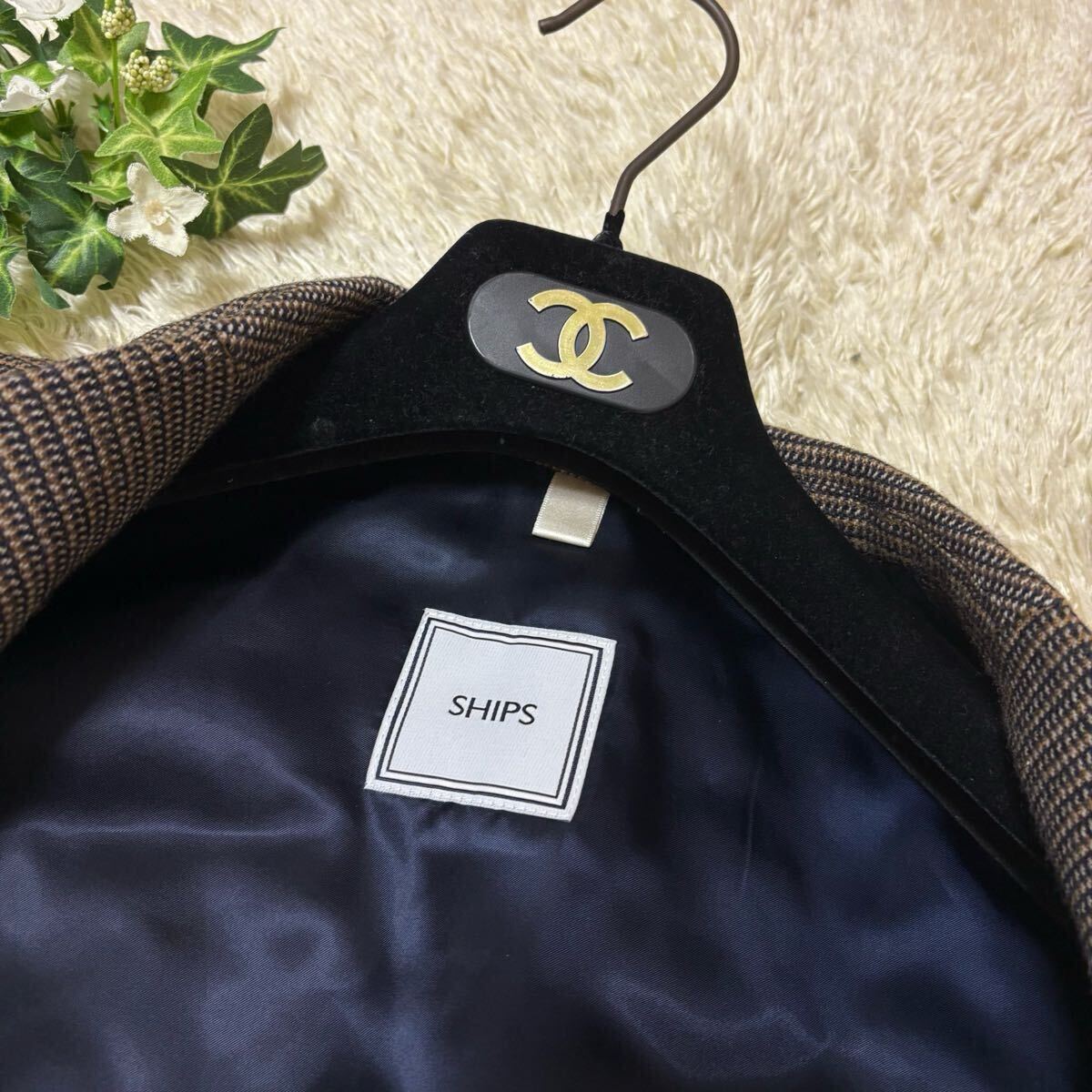 未使用級 大きいサイズ SHIPS (シップス)シェットランドウール ツイード 2ボタン テーラードジャケット アンコン ブラウン メンズ_画像3