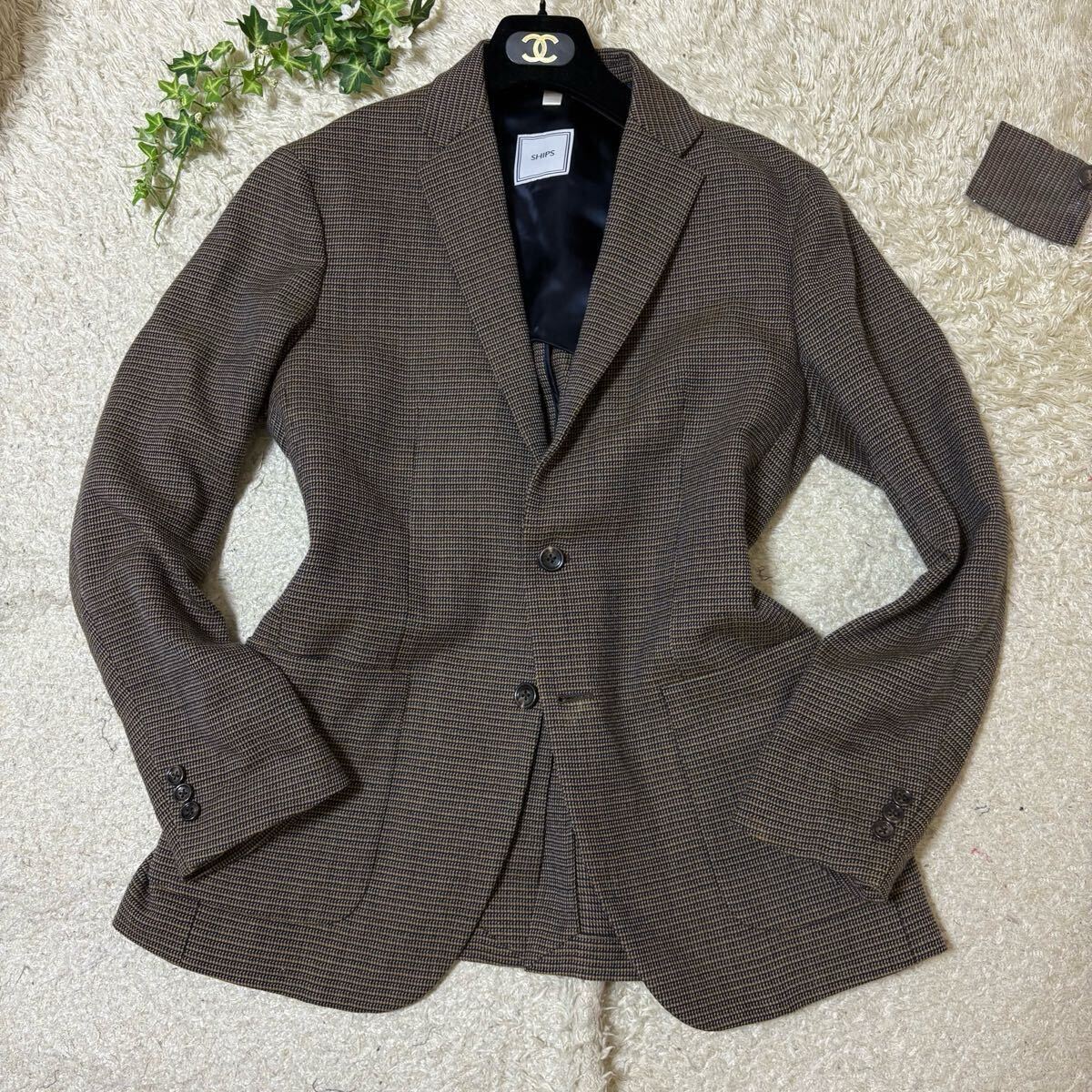 未使用級 大きいサイズ SHIPS (シップス)シェットランドウール ツイード 2ボタン テーラードジャケット アンコン ブラウン メンズ_画像4