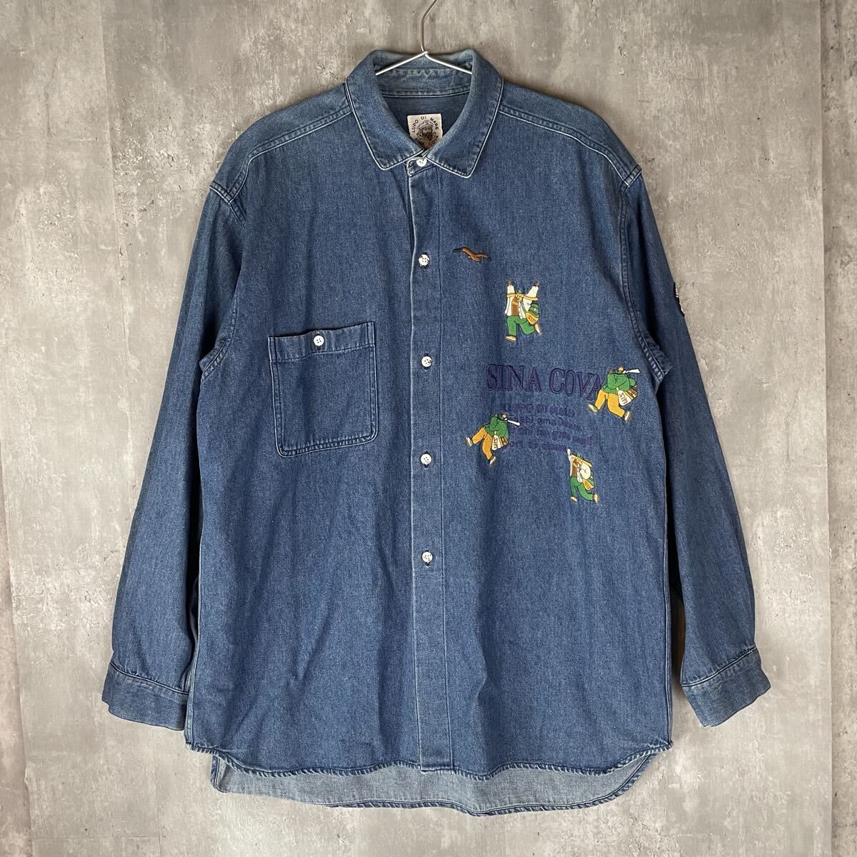 【JAPAN】SINA COVA シナコバ LUPO DI MARE デニムシャツ 長袖 90s コットン ボタンダウン 刺繍 L ビンテージ_画像1