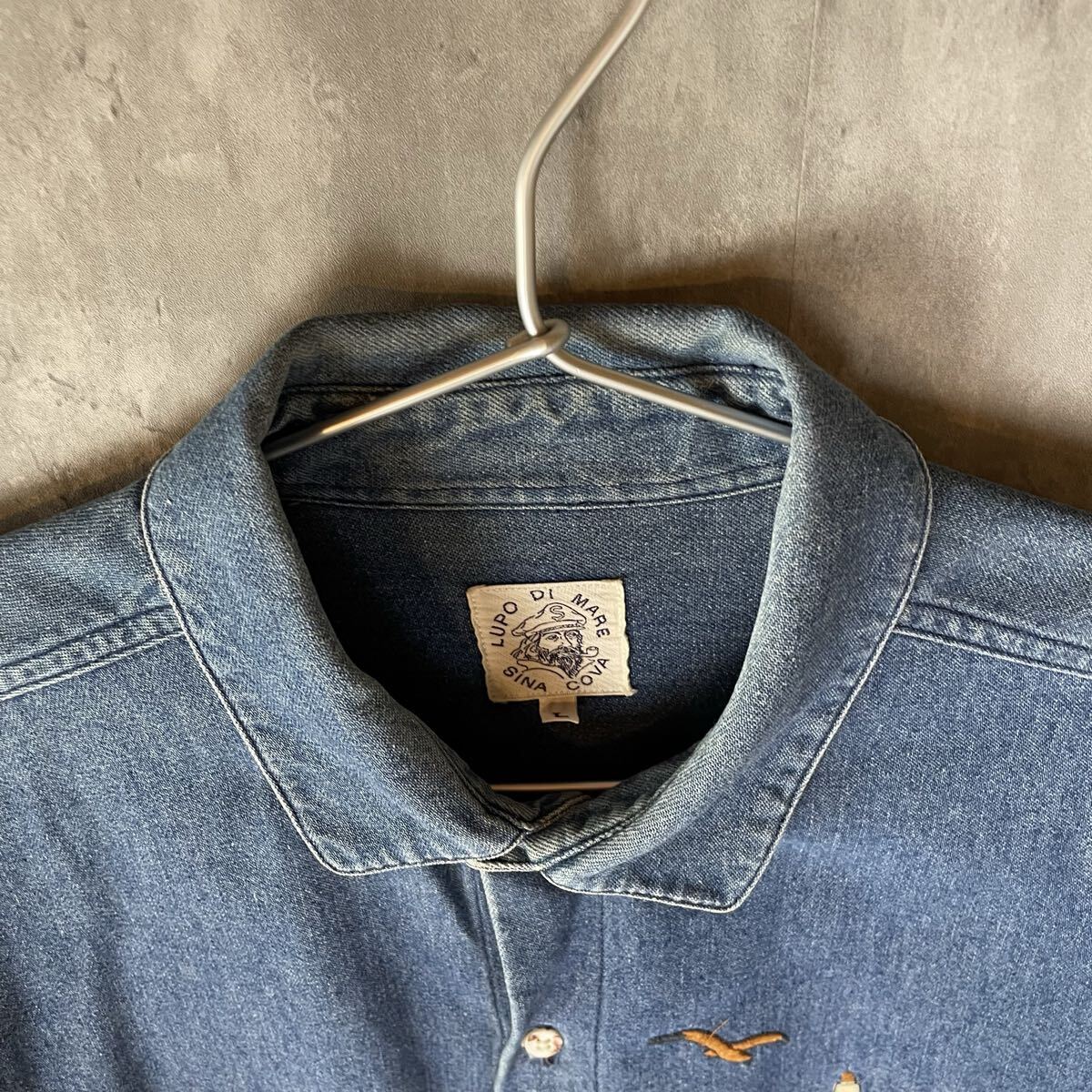 【JAPAN】SINA COVA シナコバ LUPO DI MARE デニムシャツ 長袖 90s コットン ボタンダウン 刺繍 L ビンテージ_画像3