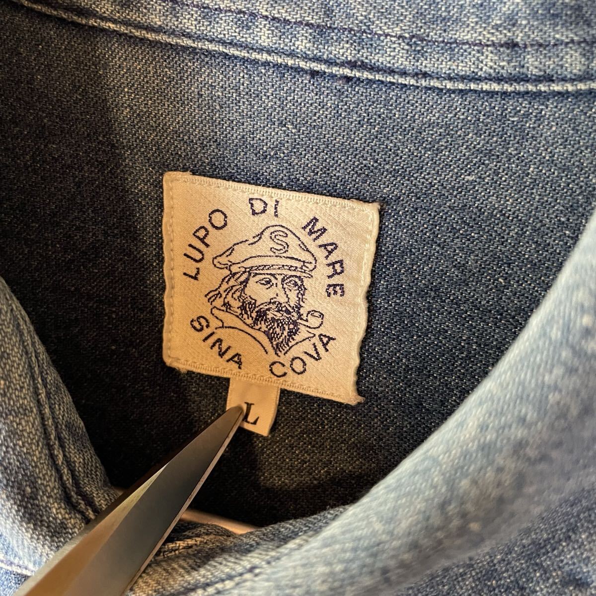 【JAPAN】SINA COVA シナコバ LUPO DI MARE デニムシャツ 長袖 90s コットン ボタンダウン 刺繍 L ビンテージ_画像4