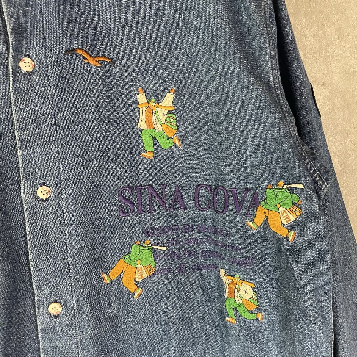 【JAPAN】SINA COVA シナコバ LUPO DI MARE デニムシャツ 長袖 90s コットン ボタンダウン 刺繍 L ビンテージ_画像5