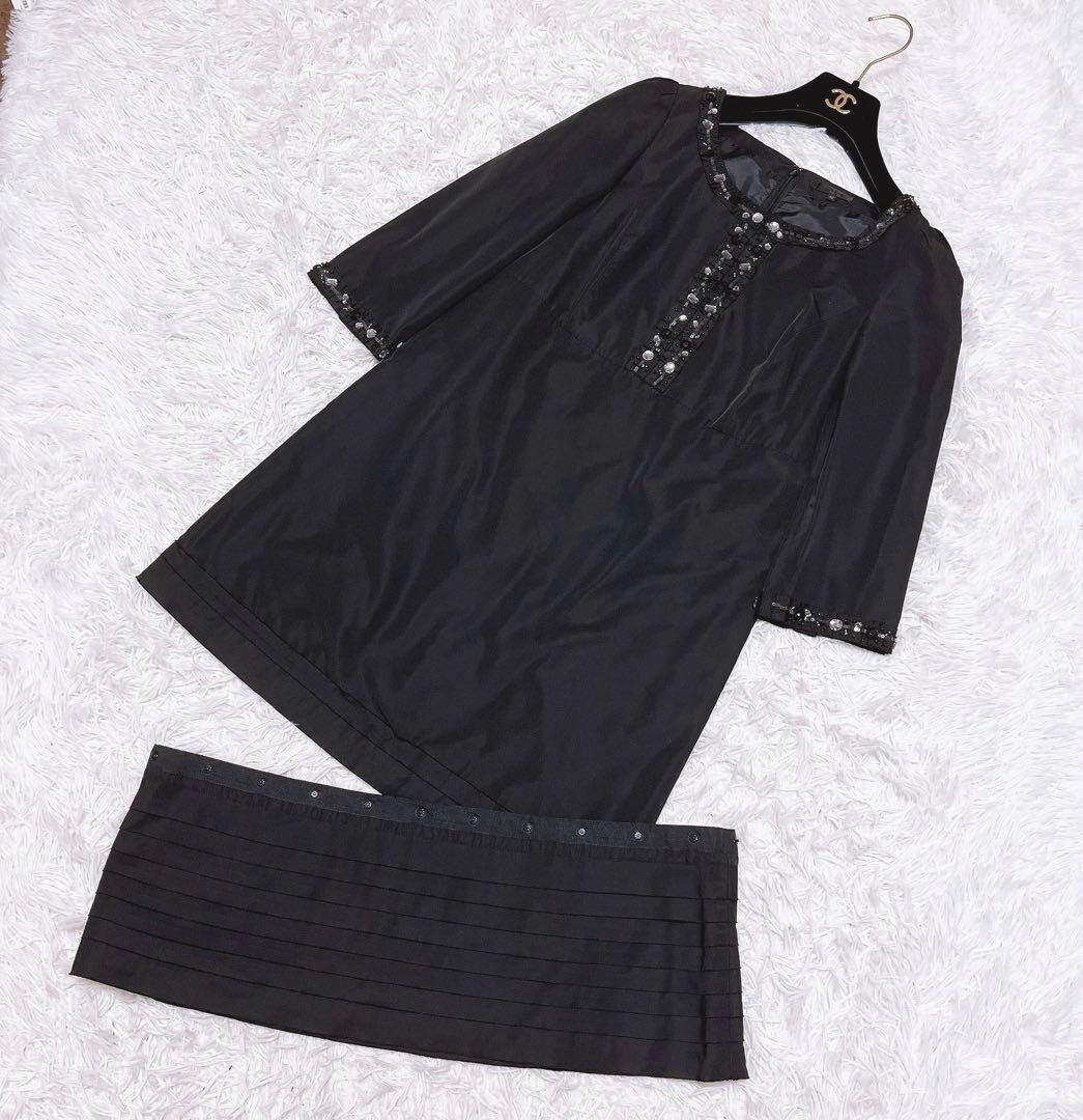 TO BE CHIC ビジュー ワンピース チュニック シルク40 フレア 黒_画像3