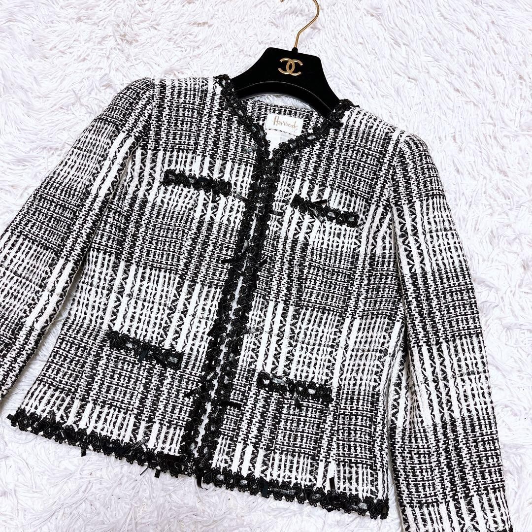ハロッズ ツイード ジャケット ノーカラー セレモニー リボン 白 黒_画像2