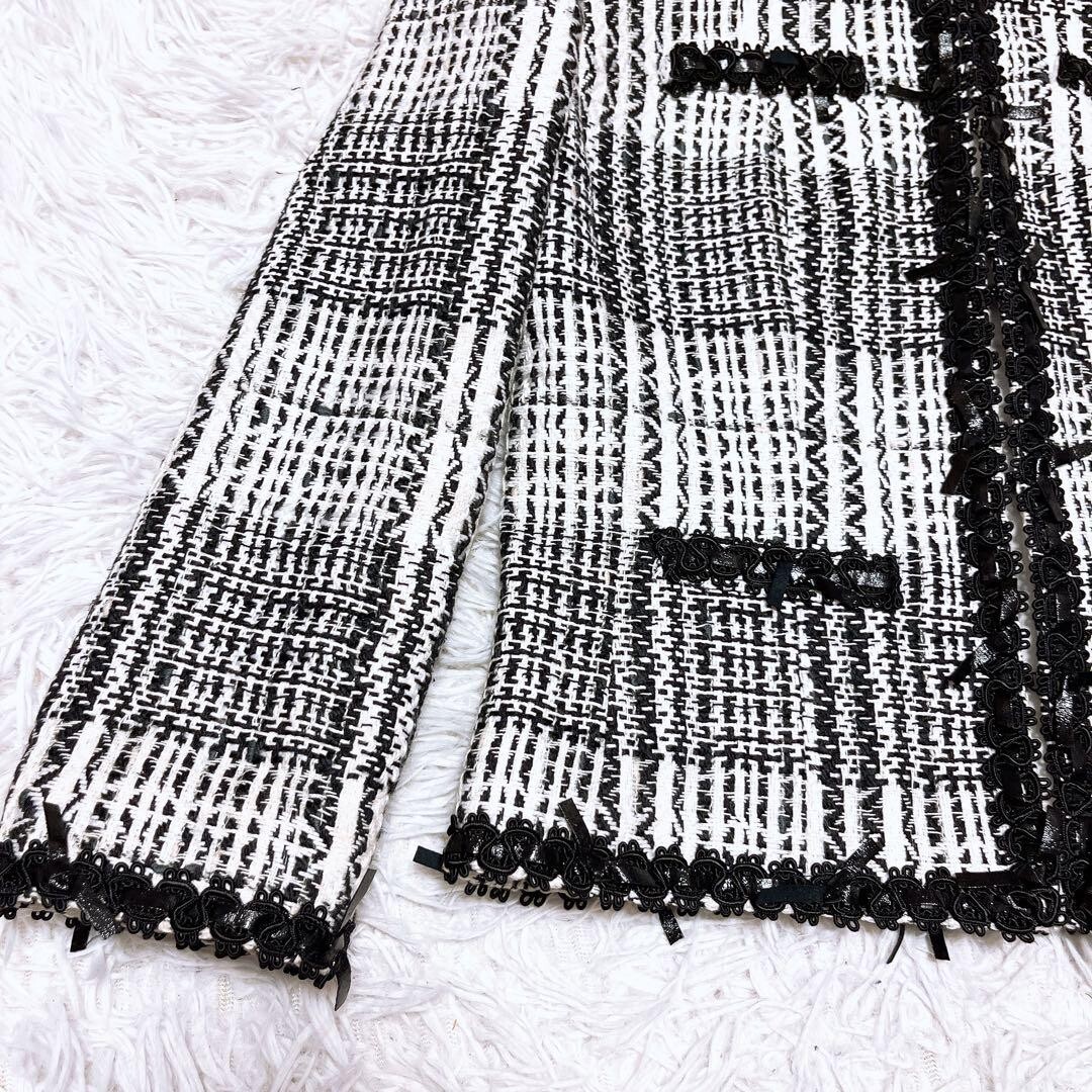 ハロッズ ツイード ジャケット ノーカラー セレモニー リボン 白 黒_画像3