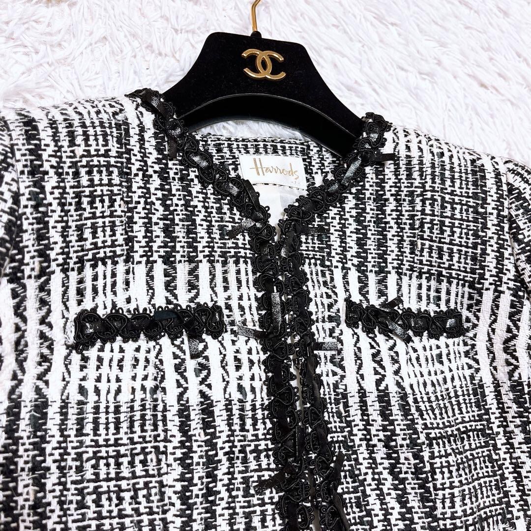 ハロッズ ツイード ジャケット ノーカラー セレモニー リボン 白 黒_画像4