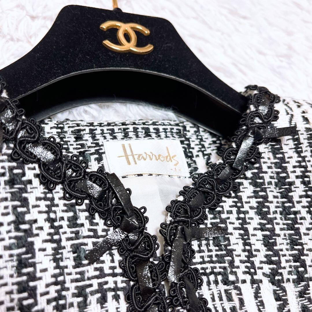 ハロッズ ツイード ジャケット ノーカラー セレモニー リボン 白 黒_画像5