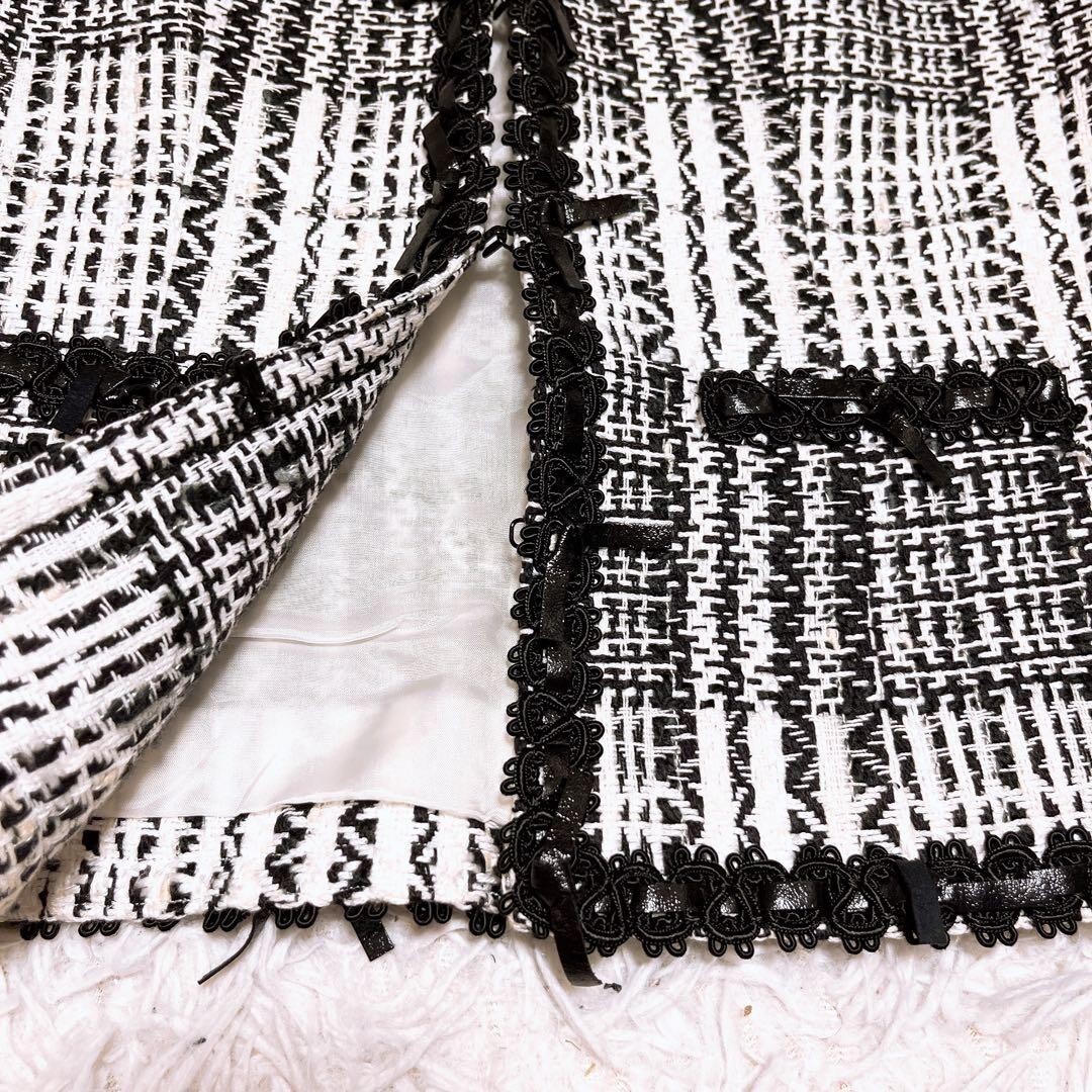 ハロッズ ツイード ジャケット ノーカラー セレモニー リボン 白 黒_画像6