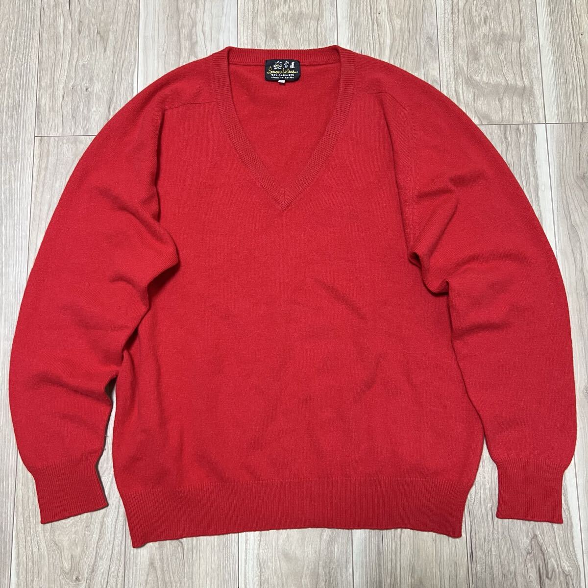 ★カシミア100%★高級 snow lotus 雪道 長袖 Vネック カシミヤ ニット セーター メンズ 赤 レッド サイズ44(L-XL程度) 美品 R-8172_画像1