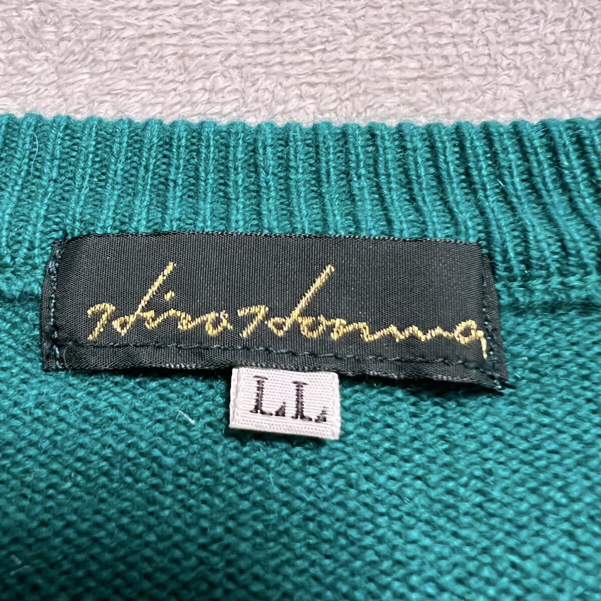 ★カシミア100%★高級 HIRO HONMA 長袖 クルーネック カシミヤ ニット セーター 青緑 グリーン系 サイズLL XL 大きいサイズ 美品 R-8202_画像3