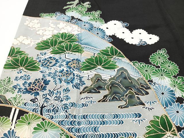 平和屋着物■豪華黒留袖　駒刺繍　草花風景文　金彩　正絹　逸品　CAAX9641xe_画像4