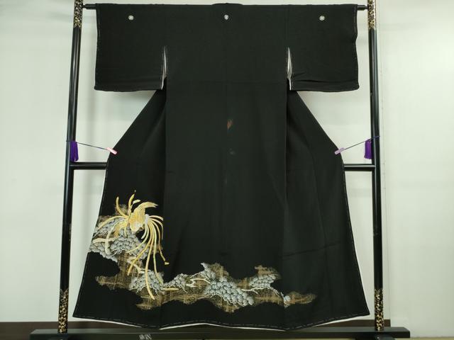 平和屋着物■豪華黒留袖　刺繍　鳳凰松文　金銀彩　正絹　逸品　DAAO0998xg_画像1