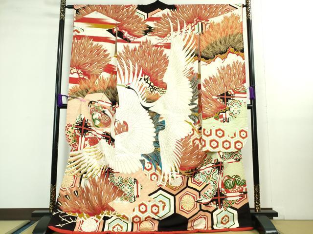 平和屋本店■極上　アンティーク　大正ロマン　振袖　刺繍　飛鶴松文　黒地　金彩　逸品　DZAA9977kh5