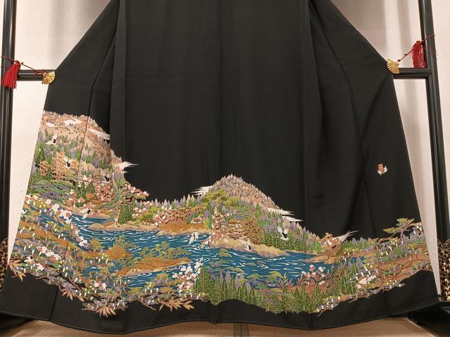 平和屋着物■豪華黒留袖　作家物　風景飛鶴枝花文　正絹　逸品　AAAS1927ph_画像3