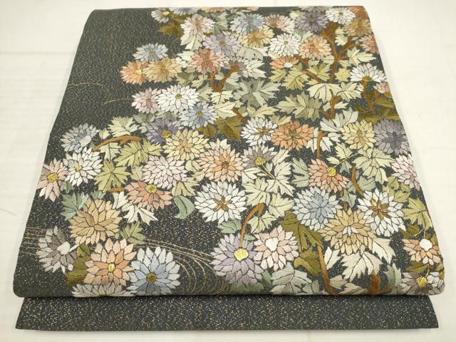 平和屋著物▼総刺繍　袋帯　流水草花文　金通し地　正絹　逸品　AABB4841wj