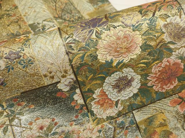 平和屋著物▼西陣あさぎ　両面全通柄袋帯　近代花鳥畫　日本美術(shù)名鑑　金銀纟　分析通知書付き　正絹　逸品　AABB4922wj
