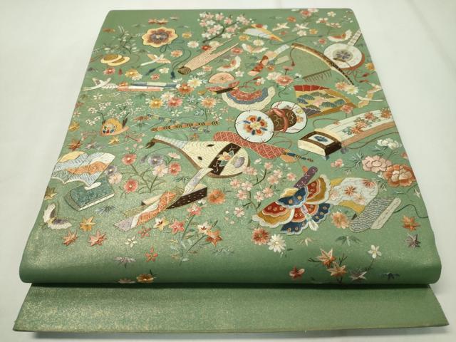 平和屋著物▼太鼓柄袋帯　総刺繍　楽器花蝶鳥文　金銀彩　正絹　逸品　CAAZ0010dy