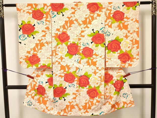 平和屋着物[]七五三　女の子　７歳　祝着　四つ身　薔薇　バラ　金彩　逸品　DAAW2807ma_画像1