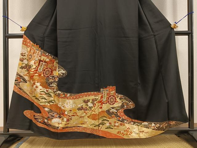 平和屋着物■豪華黒留袖　駒刺繍　松竹梅　流水御所車文　金銀彩　正絹　逸品　BAAR5742ph_画像3